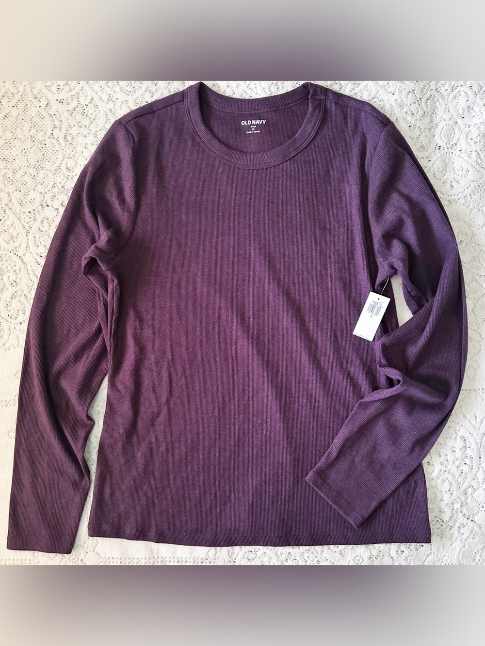 Old Navy Womens XL Snug Crew Neck Long Sleeve Ribbed Stretch T-shirt Purple Plum